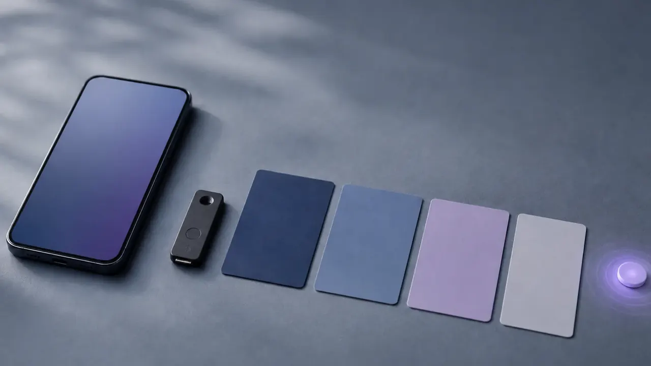 An account recovery plan beside a phone, backup security key, session review cards and a contact notification signal.