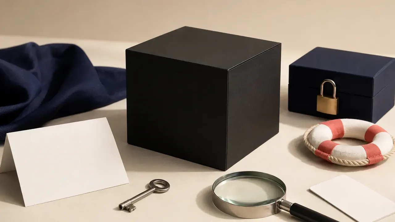 A black box surrounded by blank paper, a key, magnifying lens, life ring, locked box and test card.