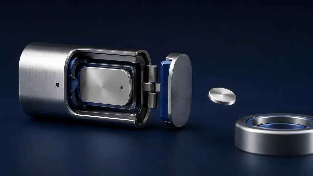 An open metal vessel holds a disk and ring, a physical metaphor for a credential that remains inside an authenticator.