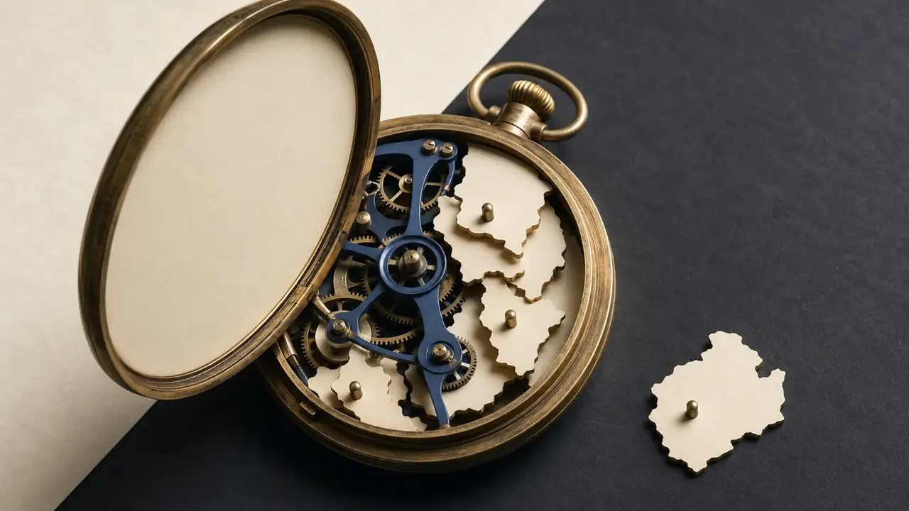 A brass clock mechanism rises above layered blank paper shapes and dark blue geographic forms.