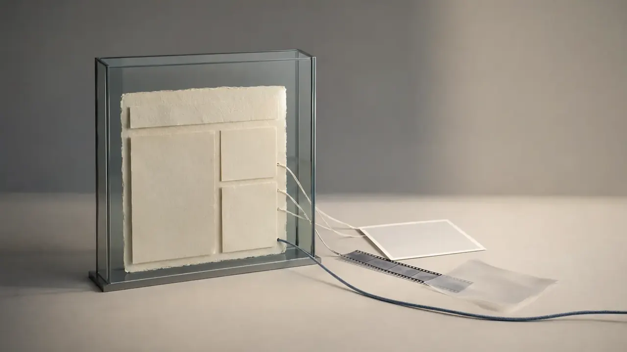 A fragile paper webpage sits inside an archival glass frame while connected materials fade outside it.